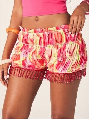 Missguided Pink & Yellow Beaded Fringe High Waist Shorts